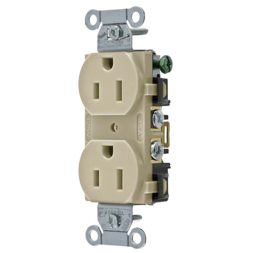 Hubbell Wiring Device - Hubbell BR15I 15 Amp 125 Volt 2-Pole 3-Wire NEMA 5-15R Ivory Nylon Straight Blade Duplex Receptacle