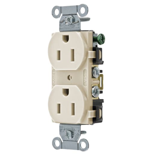 Hubbell Wiring Device - Hubbell BR15AL Receptacle, DUP SB, COM GRD, 15A 125V, B/S, AL