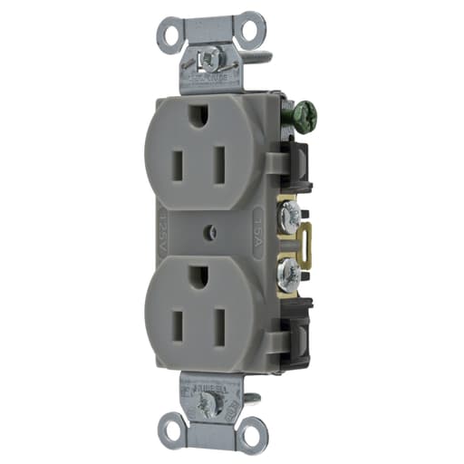 Hubbell Wiring Device - Hubbell BR15GRY Receptacle, DUP SB, COM GRD, 15A 125V, B/S, GY