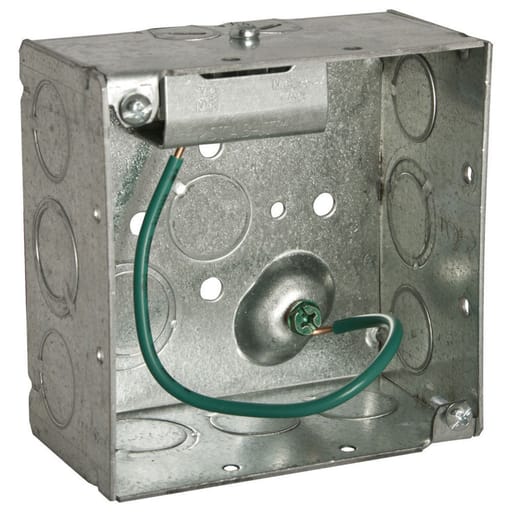 Raco Manufacturing - Raco 232S 4" Square Box, Welded with STAB-IT Connector, 2-1/8" Deep, 600V, Raised Ground, 8" #12 Solid Copper Pigtail
