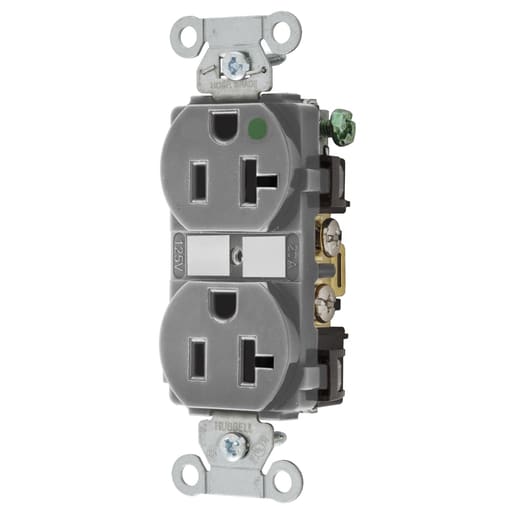 Hubbell Wiring Device - Hubbell 8300GY Straight Blade Device, DuplexReceptacle, Hospital Grade, Hubbell-Pro, 20A 125V, 2-Pole 3-Wire Grounding, 5-20R, Gray