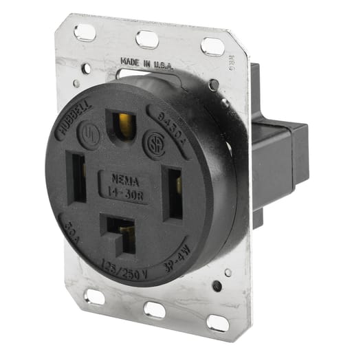 Hubbell Wiring Device - Hubbell HBL9430A 30 Amp 125/250 Volt 3-Pole 4-Wire NEMA 14-30R Black Straight Blade Receptacle