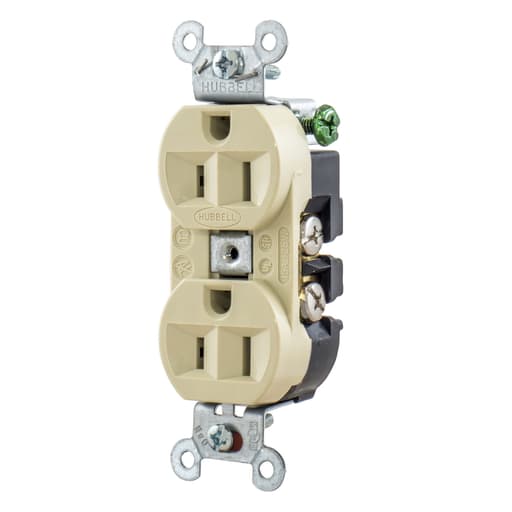 Hubbell Wiring Device - Hubbell 5262-I Ivory 15A 125V Duplex Receptacle - Finder Groove Face. Heavy Duty Industrial Series