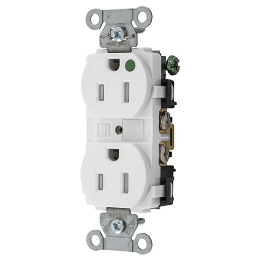 Hubbell Wiring Device - Hubbell 8200WTRA Straight Blade Device, Tamper Resistant, Duplex Receptacle, Hubbell-Pro, Hospital Grade, 15A 125V, 2-Pole 3- WireGrounding, 5-15R, White