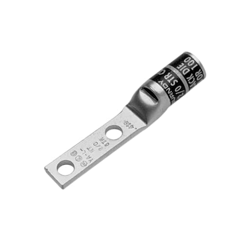 Burndy - Burndy YAV2CL2NT14FX 2 Flex G,H,I,K,M,DLO, 2 AWG CU, Two Hole, 1/4 Stud Size, 5/8 Hole Spacing, Standard Barrel, Inspection Window, Narrow Tongue, Internal Chamfer, Tin Plated, UL/CSA, 90.C, Up to 35kV, Brown Color Code, 10 Die Index