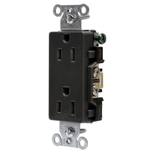 Hubbell Wiring Device - Hubbell DR15BLKDECO Receptacle, COMM GRD, 15A 125V, 5-15R, BK