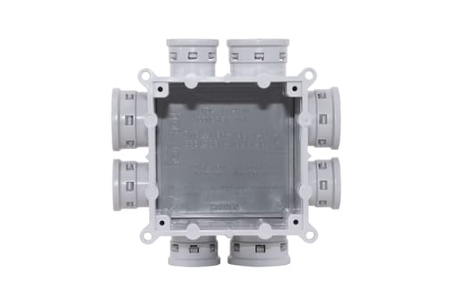 Multi Fittings / Kralo - Ipex SSBH-15/20 (089475) 4" Kwikon PVC Square Slab Box, 44 cu.in., (4) 3/4" & (4) 1" Molded Connectors