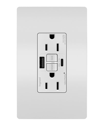 Pass & Seymour / Legrand - Pass & Seymour 1597TRUSBACW Radiant® 15A Tamper-Resistant Self-Test GFCI / USB Type-AC Outlet, White
