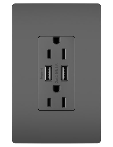 Pass & Seymour / Legrand - Pass & Seymour TM826USBBK Radiant® 15A Tamper-Resistant Duplex Receptacle / (2) USB Outlets, Black