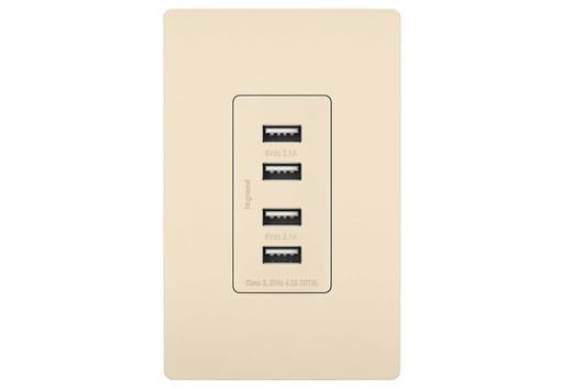 Pass & Seymour / Legrand - Pass & Seymour TM8USB4-LACC6 125 Volt 5 VDC 4.2 Amp 4-Port 1.693 x 1.33 x 3.281 Inch Light Almond Decorator Quad USB Charger