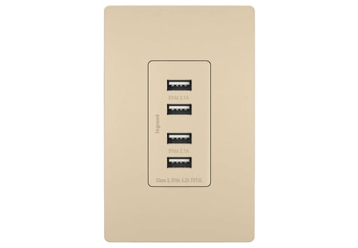 Pass & Seymour / Legrand - Pass & Seymour TM8USB4-ICC6 125 Volt 5 VDC 4.2 Amp 4-Port 1.693 x 1.33 x 3.281 Inch Ivory Decorator Quad USB Charger