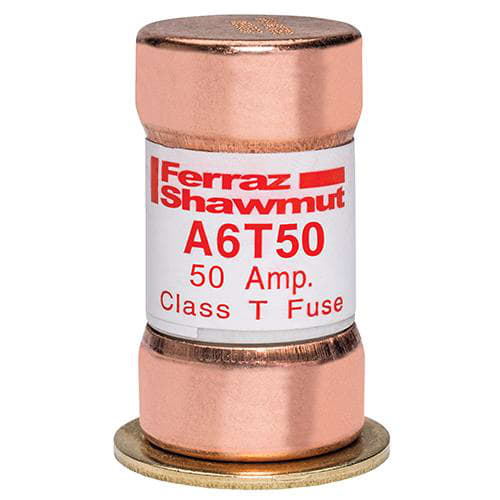 Ferraz Shawmut - Mersen A6T50 Class T / Fast-Acting A6T Fuse - 50amp. High current limitation / small physical size. Rated 600 volts AC / 300 volts DC