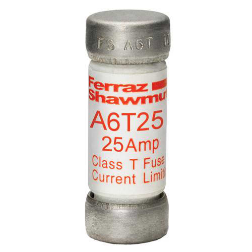 Ferraz Shawmut - Mersen A6T25 Class T / Fast-Acting A6T Fuse - 25amp. High current limitation / small physical size. Rated 600 volts AC / 300 volts DC