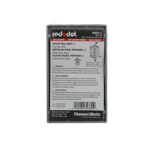 Thomas & Betts Co - Red Dot IHD4-1 1-Gang Weatherproof Metallic Device Box, (4) 1/2" Hubs, 2-5/8" Deep