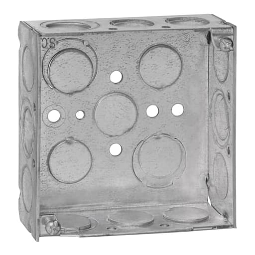 Thomas & Betts Co - Steel-City 52151-1/2-3/4-EW 4" Steel Square Box, 1-1/2" Deep, 21 cu.in. w/ 1/2" & 3/4" Eccentric KOs
