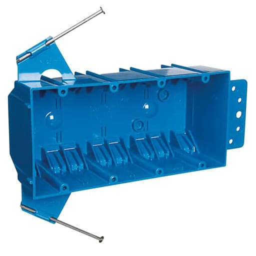 Thomas & Betts Co - Carlon B455A-UPC 4-Gang Blue Non-Metallic Outlet Box w/ Nails & Bracket Support, 55 cu.in.