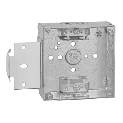 Thomas & Betts Co - Steel City 52151-MS-X 4 Inch 21cu.in Steel Square Box with 1/2 and 3/4 Inch Eccentric Knockouts, Bracket, and Clamp