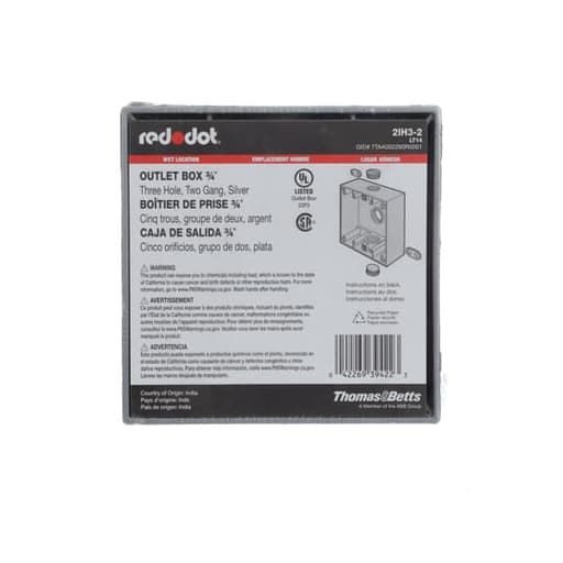 Thomas & Betts Co - Red Dot 2IH3-2 2-Gang Weatherproof Metallic Device Box, (3) 3/4" Hubs, 2" Deep