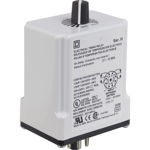 Square-D / Schneider - Square D 9050JCK18V14 24 VAC/VDC Coil 10 Amp DPDT Plug-In Socket Mount AC/DC Timing Relay