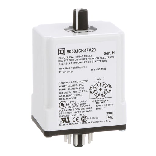 Square-D / Schneider - Square D 9050JCK47V20 120 VAC 110 VDC Coil 10 Amp DPDT Plug-In Socket Mount AC/DC Timing Relay