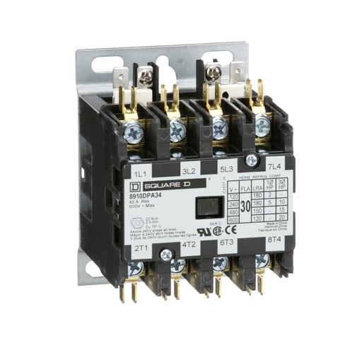 Square-D / Schneider - Square D 8910DPA34V06 440/480 VAC 30 Amp 4-Pole 4NO NEMA 1 Non-Reversing Definite Purpose Contactor