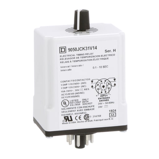 Square-D / Schneider - Square D 9050JCK31V14 24 VAC/VDC Coil 10 Amp DPDT Plug-In Socket Mount AC/DC Timing Relay