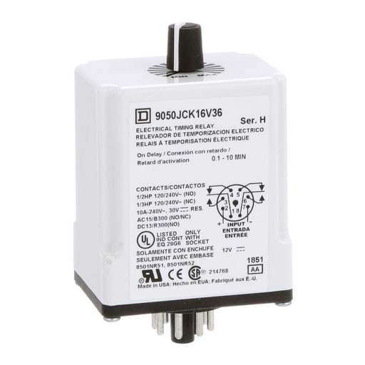 Square-D / Schneider - Square D 9050JCK16V36 12 VDC Coil 10 Amp DPDT Plug-In Socket Mount DC Timing Relay