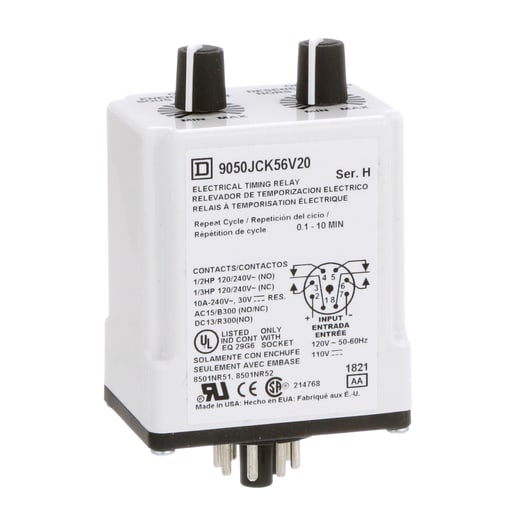 Square-D / Schneider - Square D 9050JCK56V20 120 VAC 110 VDC Coil 10 Amp 2NO 2NC 0.1 to 10 Minute Plug-In Mount Timing Relay