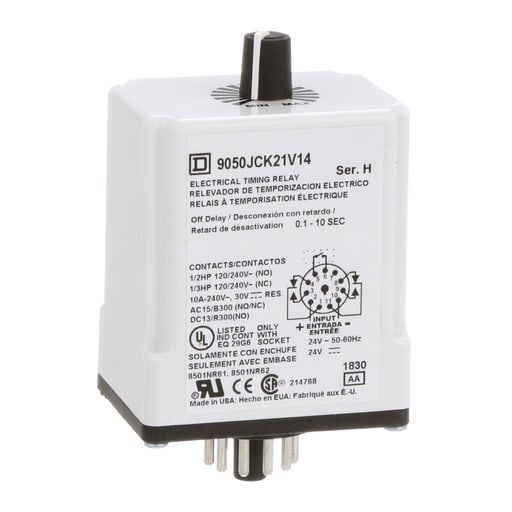 Square-D / Schneider - Square D 9050JCK21V14 24 VAC/VDC Coil 10 Amp DPDT Plug-In Socket Mount AC/DC Timing Relay