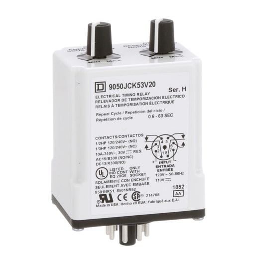 Square-D / Schneider - Square D 9050JCK53V20 120 VAC 110 VDC Coil 10 Amp 2NO 2NC 0.6 to 60 Second Plug-In Mount Timing Relay