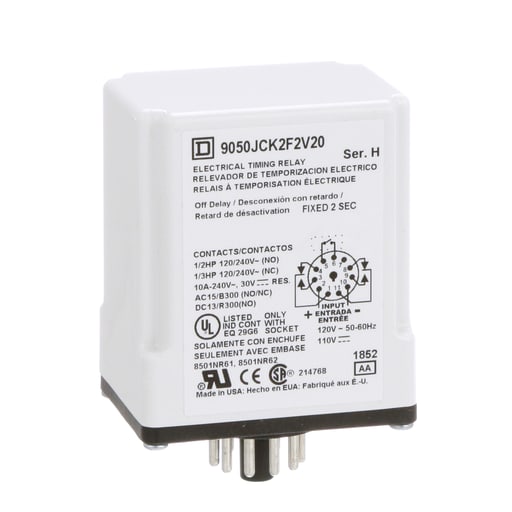 Square-D / Schneider - Square D 9050JCK2F2V20 120 VAC 110 VDC Coil 10 Amp DPDT Plug-In Socket Mount AC/DC Timing Relay