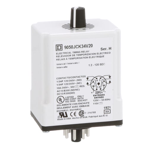 Square-D / Schneider - Square D 9050JCK34V20 120 VAC 110 VDC Coil 10 Amp DPDT Plug-In Socket Mount AC/DC Timing Relay