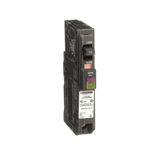 Square-D / Schneider - Square D QO120VHPDF Combination Arc-Fault & Ground Fault Circuit Breaker (Plug-On Neutral), 20A 120V 1Ph 1Pole, 22kAIR