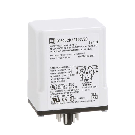 Square-D / Schneider - Square D 9050JCK1F120V20 120 VAC 110 VDC Coil 10 Amp DPDT Plug-In Socket Mount AC/DC Timing Relay
