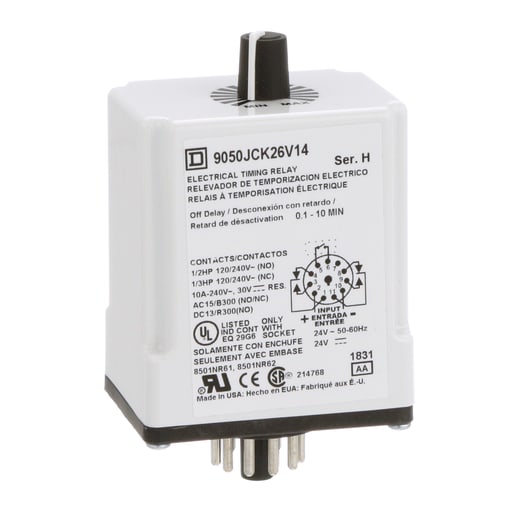 Square-D / Schneider - Square D 9050JCK26V14 24 VAC/VDC Coil 10 Amp DPDT Plug-In Socket Mount AC/DC Timing Relay