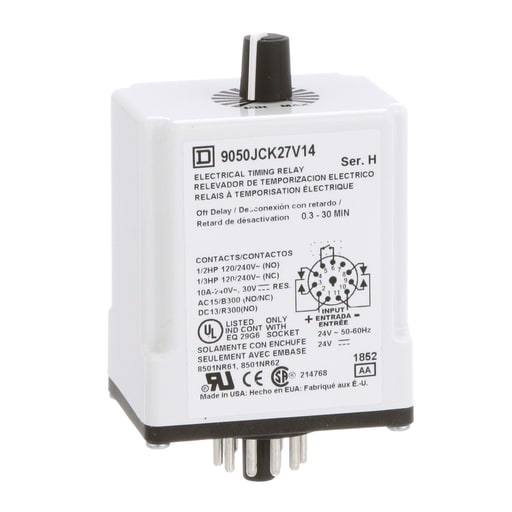 Square-D / Schneider - Square D 9050JCK27V14 24 VAC/VDC Coil 10 Amp DPDT Plug-In Socket Mount AC/DC Timing Relay