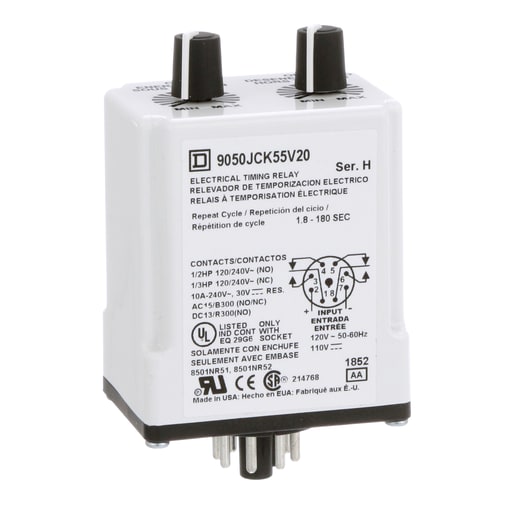 Square-D / Schneider - Square D 9050JCK55V20 120 VAC 110 VDC Coil 10 Amp 2NO 2NC 1.8 to 180 Second Plug-In Mount Timing Relay