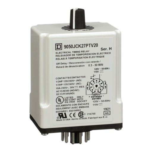 Square-D / Schneider - Square D 9050JCK27PTV20 120 VAC 110 VDC Coil 10 Amp DPDT Plug-In Socket Mount AC/DC Timing Relay