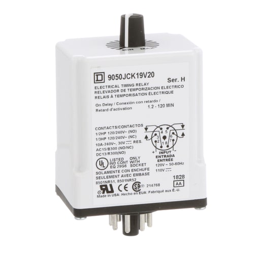 Square-D / Schneider - Square D 9050JCK19V20 120 VAC 110 VDC Coil 10 Amp DPDT Plug-In Socket Mount AC/DC Timing Relay