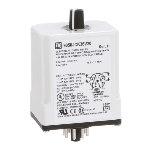 Square-D / Schneider - Square D 9050JCK36V20 120 VAC 110 VDC Coil 10 Amp DPDT Plug-In Socket Mount AC/DC Timing Relay