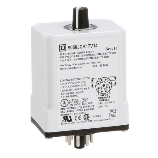 Square-D / Schneider - Square D 9050JCK17V14 24 VAC/VDC Coil 10 Amp DPDT Plug-In Socket Mount AC/DC Timing Relay