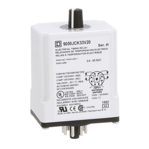 Square-D / Schneider - Square D 9050JCK33V20 120 VAC 110 VDC Coil 10 Amp DPDT Plug-In Socket Mount AC/DC Timing Relay