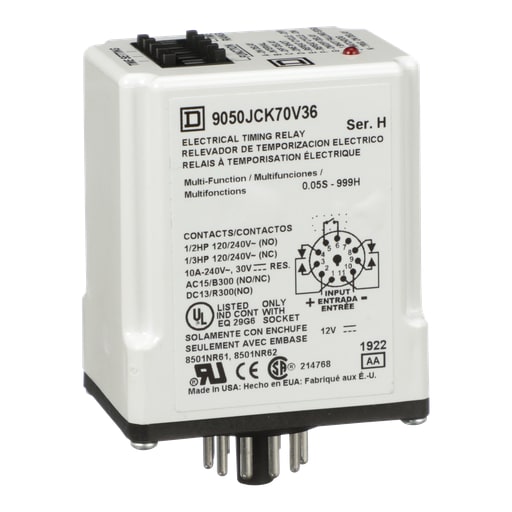 Square-D / Schneider - Square D 9050JCK70V36 12 VDC Coil 10 Amp DPDT Plug-In Socket Mount DC Timing Relay