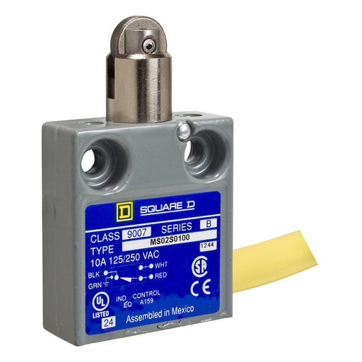 TESENSOR - TES 9007MS02S0206 Limit switch, 9007MS, miniature, parallel roller plunger, 10A at 240VAC, 1NO/1NC, 6 feet of cable, side, NEMA 4, 6P, 13