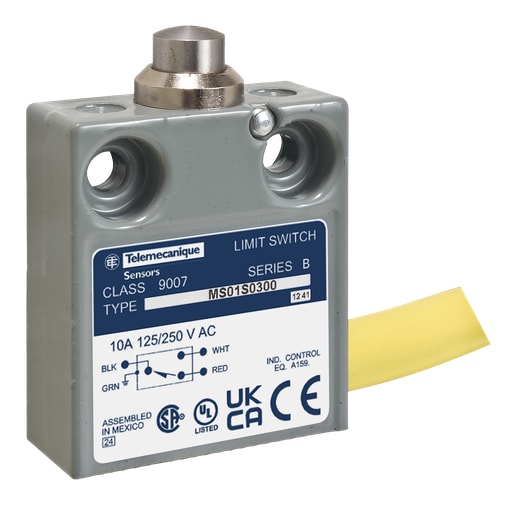 TESENSOR - TEC 9007MS01S0206 Limit switch, 9007MS, miniature, top plunger, 10A at 240VAC, 1NO/1NC, 6 feet of cable, side entrance, NEMA 4, 6P, 12, 13