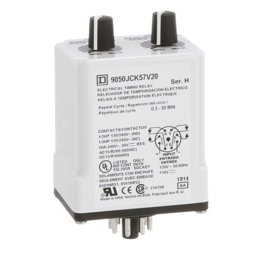 Square-D / Schneider - Square D 9050JCK57V20 120 VAC 110 VDC Coil 10 Amp 2NO 2NC 0.3 to 30 Minute Plug-In Mount Timing Relay