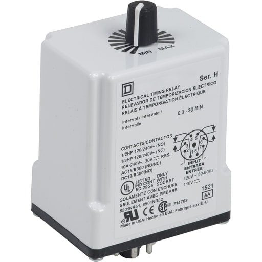 Square-D / Schneider - Square D 9050JCK41V20 120 VAC 110 VDC Coil 10 Amp DPDT Plug-In Socket Mount AC/DC Timing Relay