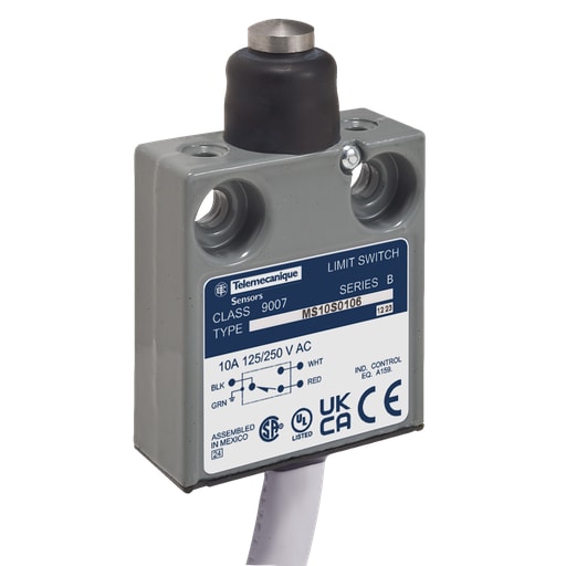 TESENSOR - TEC 9007MS07S0300 Limit switch, 9007MS, miniature, parallel roller plunger, 10A at 240VAC, 1NO/1NC, 9 feet of cable, NEMA 4, 6P, 13