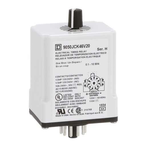 Square-D / Schneider - Square D 9050JCK46V20 120 VAC 110 VDC Coil 10 Amp DPDT Plug-In Socket Mount AC/DC Timing Relay