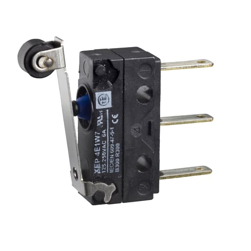 TESENSOR - TES XEP4E1W7A454 Microswitch, Limit switches XC Standard, miniature limit switch, roller lever, 2.8 mm cable clip tags